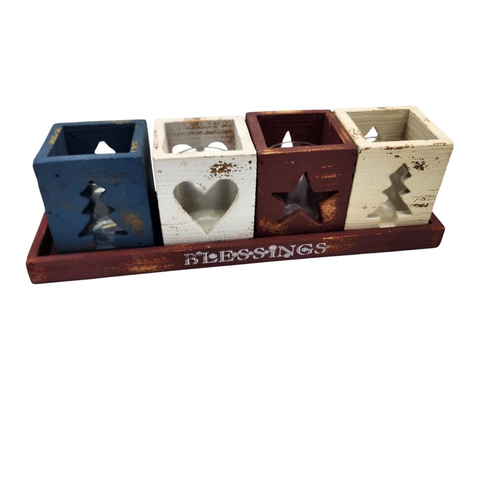 Farmhouse country blessings‎ wooden tray with 4 votive candle set home decor